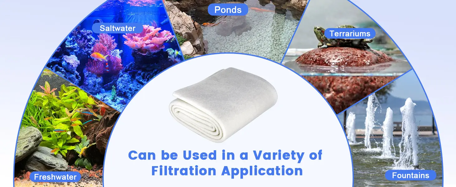 Filtration media for aquariums, ponds, terrariums, and fountains with saltwater, freshwater, and fountain applications