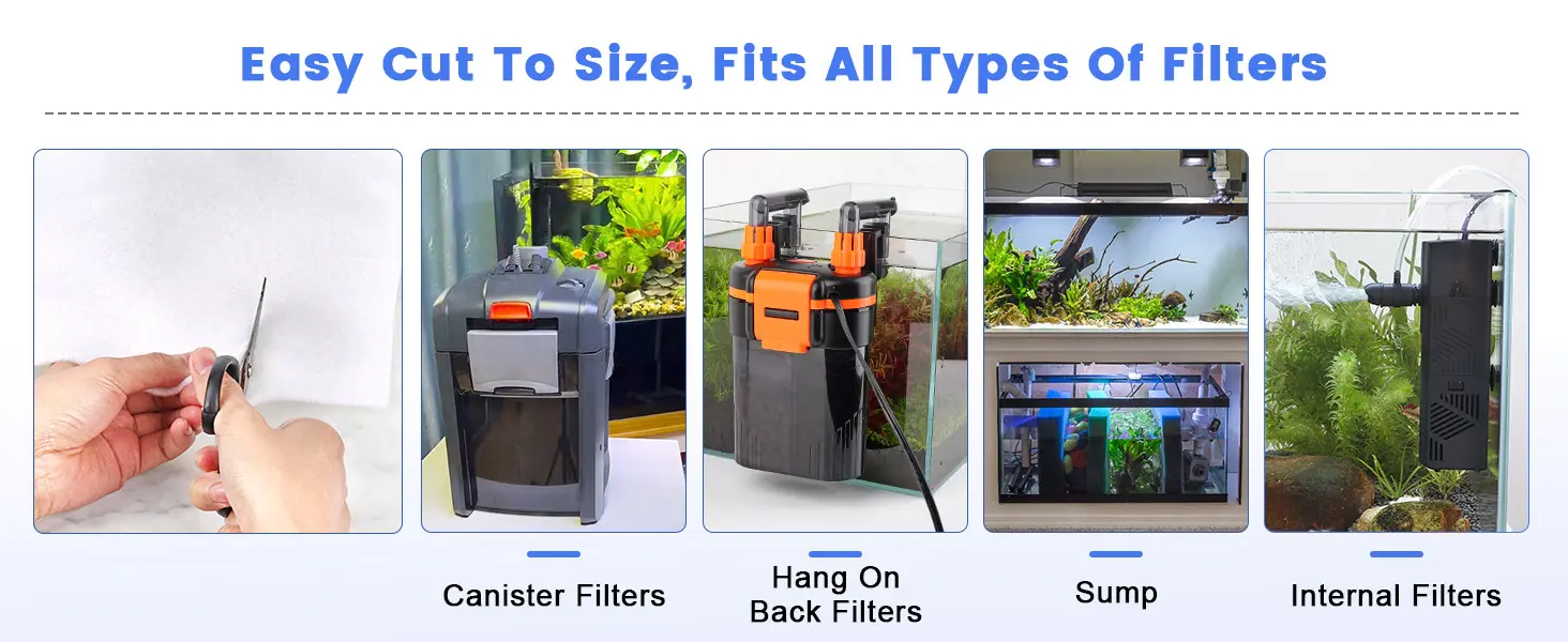 Easy-cut aquarium filter media for all filter types: canister, hang-on-back, sump, and internal filters. Cut to size for perf