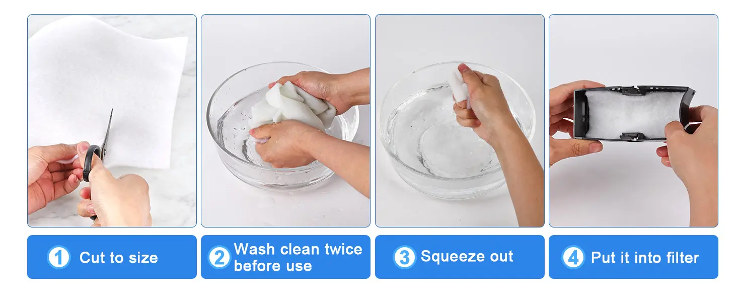 Step-by-step guide for preparing hygger aquarium filter media: cut, wash, squeeze, and install.