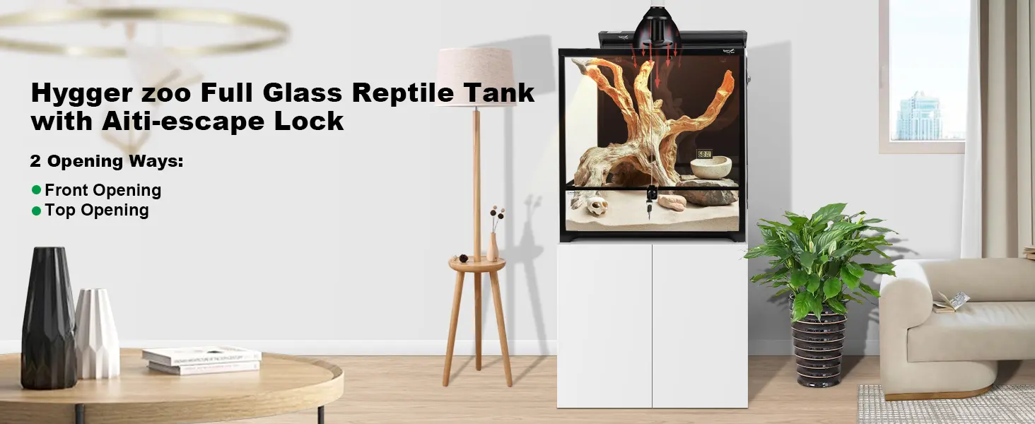 Hygger zoo Full Glass Reptile Tank with Aiti-escape Lock, featuring front and top opening options in a modern living room set