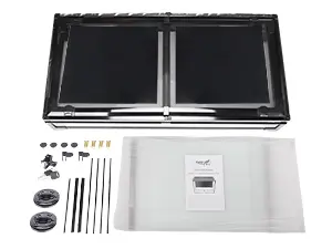 Hygger aquarium kit components including glass panels, mounting hardware, and instruction manual for DIY aquarium setup