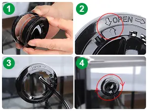 Step-by-step guide to installing Hygger aquarium filter with hands holding components and labeled OPEN indicator
