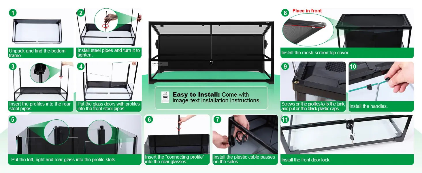 Step-by-step installation guide for Hygger aquarium with image-text instructions showing assembly of frame, glass panels, and