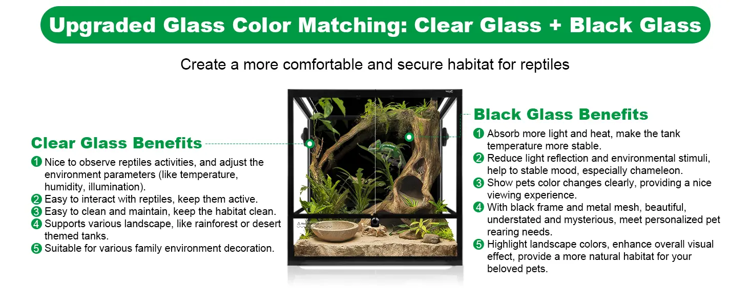 Upgraded glass aquarium with clear and black glass panels for reptile habitats, featuring benefits like temperature stability