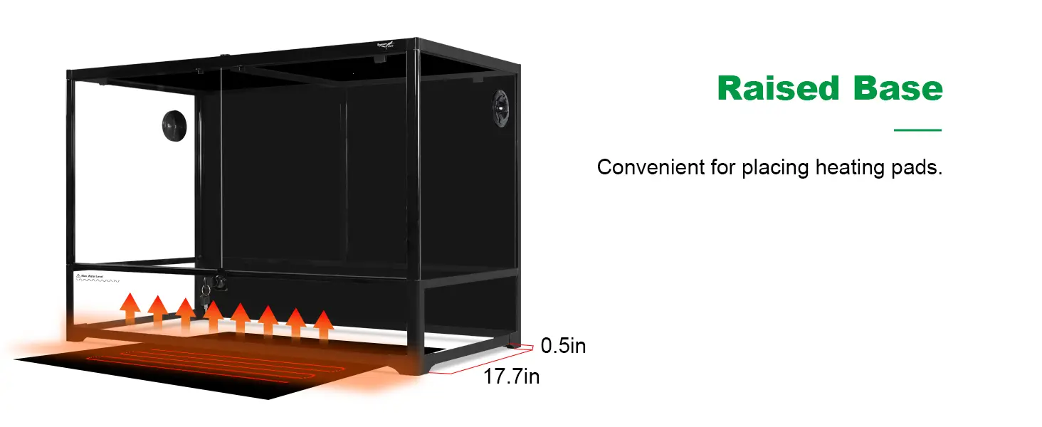 Hygger aquarium with raised base for heating pads, 0.5in height, 17.7in base, arrows showing heat distribution