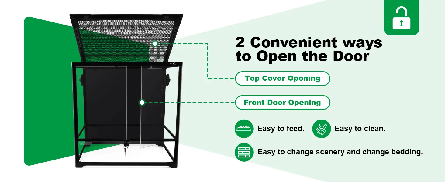 Hygger aquarium with two door opening methods: top cover and front door, easy to feed, clean, and change bedding.