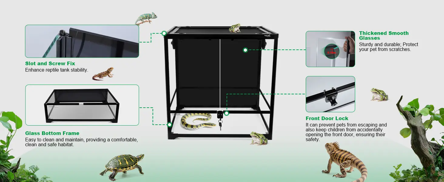 Hygger reptile tank with slot and screw fix, thickened smooth glasses, front door lock, and glass bottom frame for stability