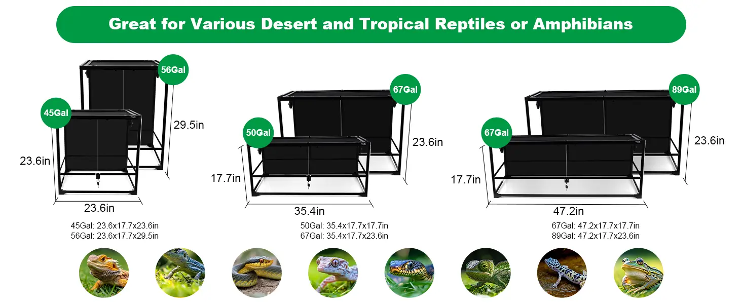 Hygger aquariums for desert and tropical reptiles/amphibians with 45G, 50G, 56G, 67G, and 89G sizes.