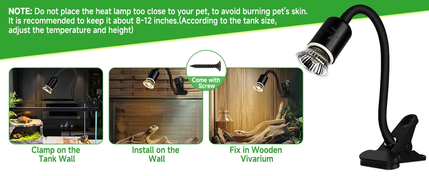 Hygger aquarium heat lamp with clamp, screw, and wall mount options for reptile terrariums, keeping pets safe at 8-12 inches