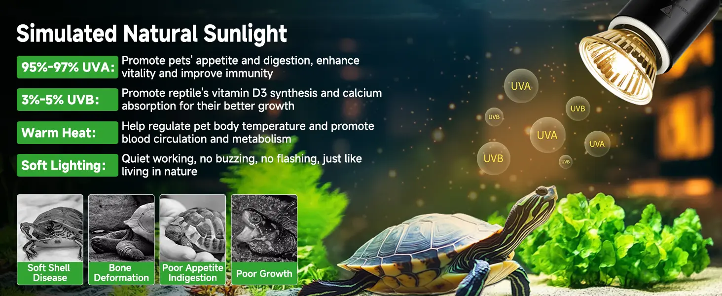 Hygger aquarium UVB/UVA light for turtles, promoting health with natural sunlight simulation, warm heat, and soft lighting to