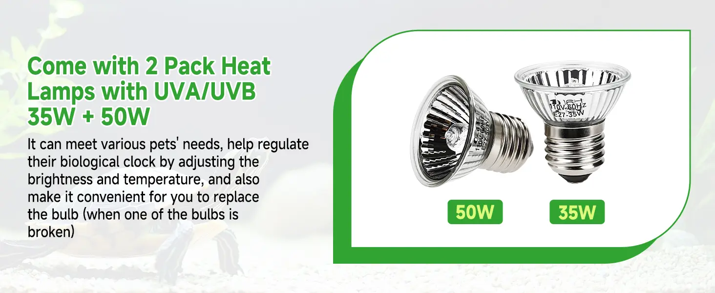 Hygger 2-pack heat lamps with UVA/UVB for pets, 35W and 50W bulbs for reptile and amphibian care