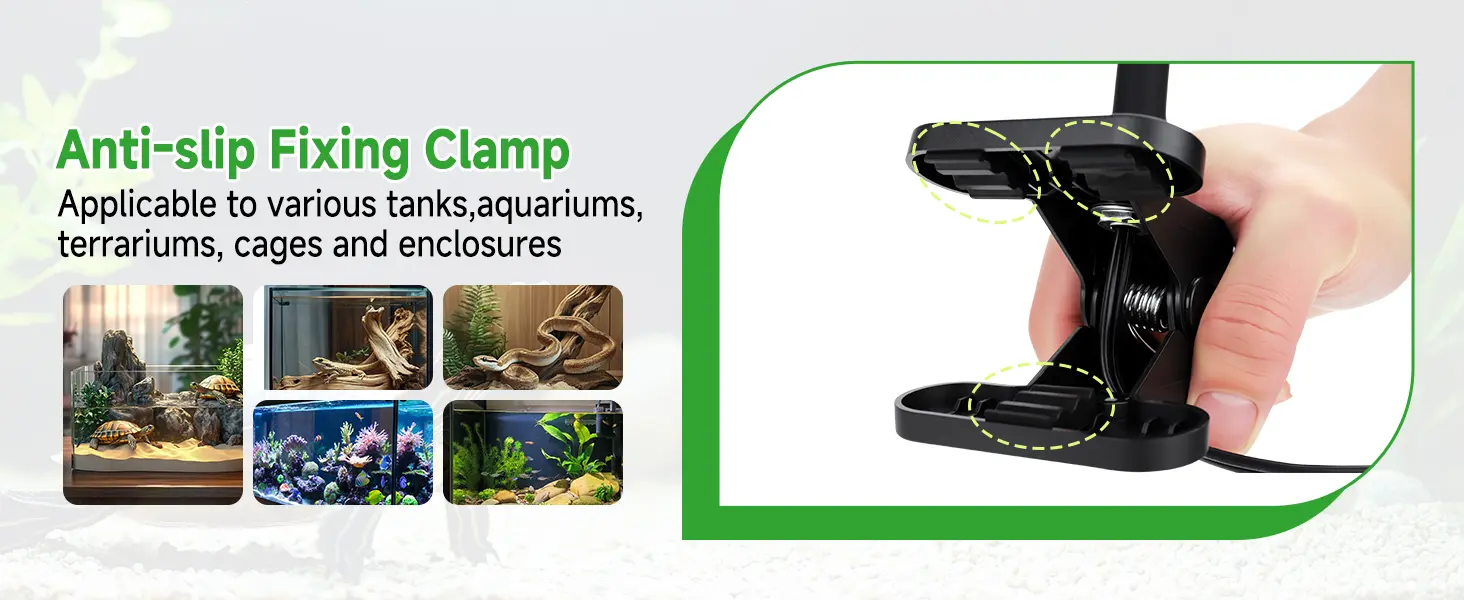 Anti-slip fixing clamp for aquariums, terrariums, and enclosures with adjustable spring mechanism