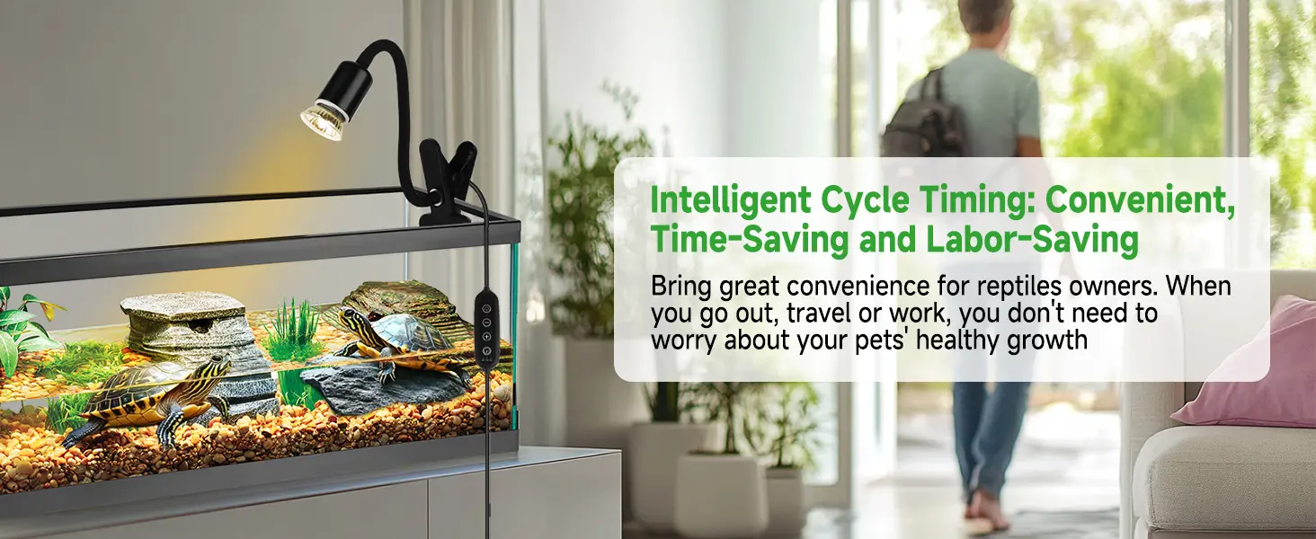 Hygger aquarium with intelligent cycle timing for reptiles, featuring turtles, LED light, and automatic care system in modern