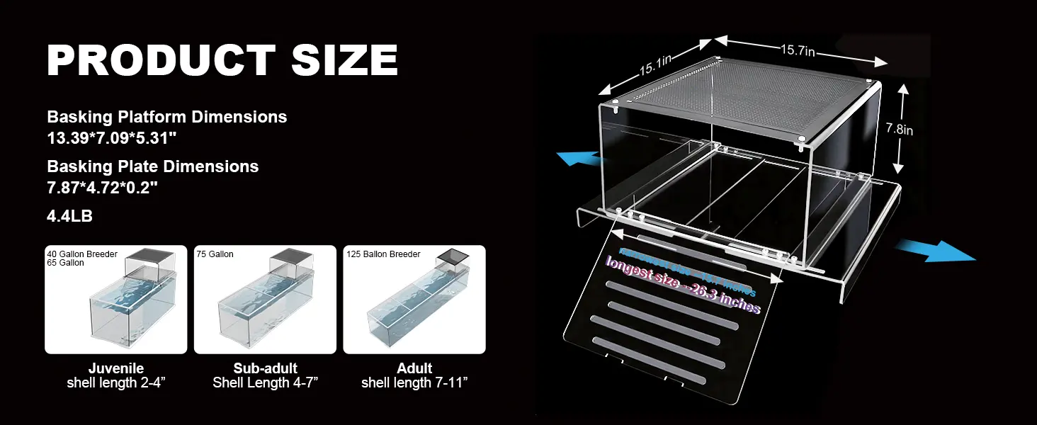 Hygger aquarium basking platform dimensions: 13.39"x7.09"x5.31" with 4.4LB weight and size chart for juvenile, sub-adult, and