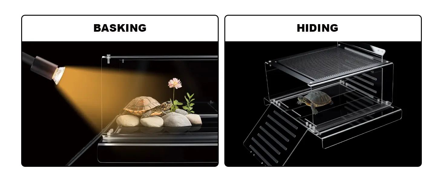 Hygger aquarium setup showing basking with heat lamp and hiding with elevated platform for turtle habitat
