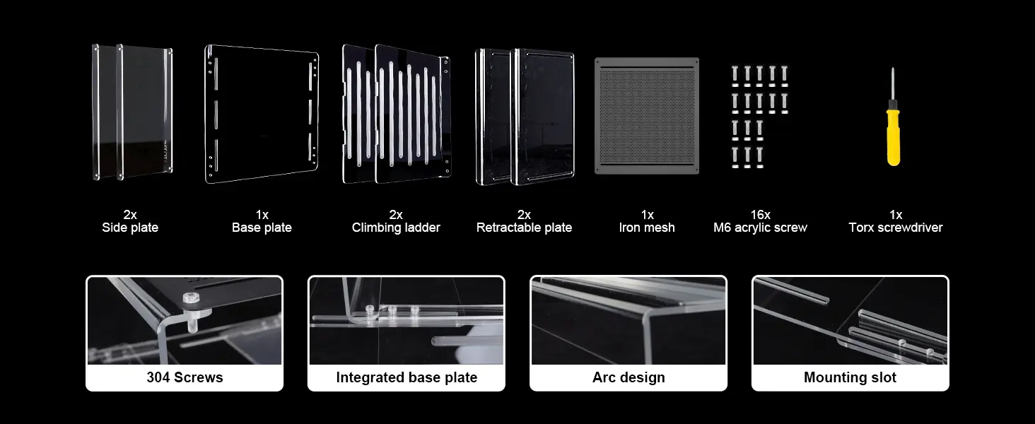 Hygger aquarium components: side plates, base plate, climbing ladder, retractable plate, iron mesh, M6 screws, Torx screwdriv