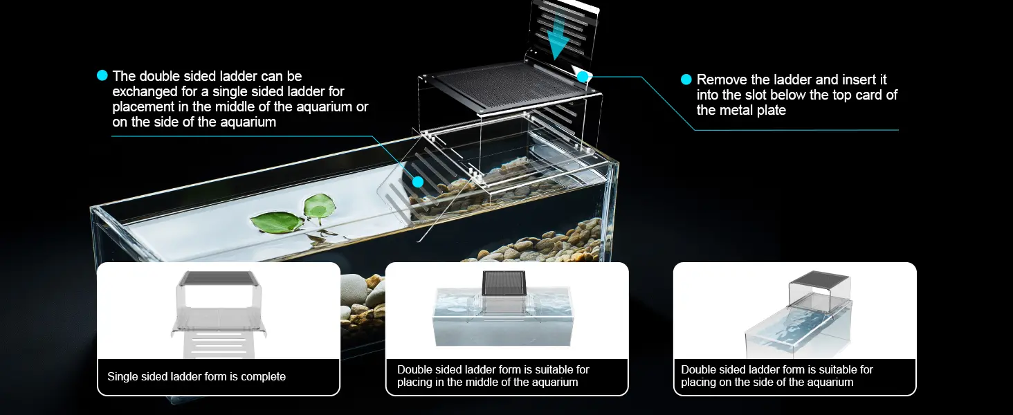 Hygger aquarium ladder: double-sided and single-sided options for middle or side placement with installation guide