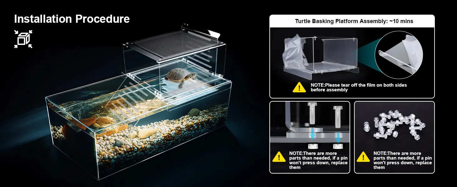 Hygger aquarium installation guide showing turtle basking platform assembly with clear instructions and safety notes for setu