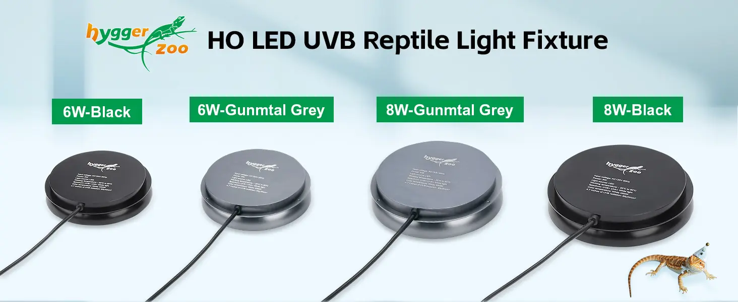 Hygger Zoo HO LED UVB Reptile Light Fixture with 6W and 8W options in Black and Gunmetal Grey colors for reptile enclosures.