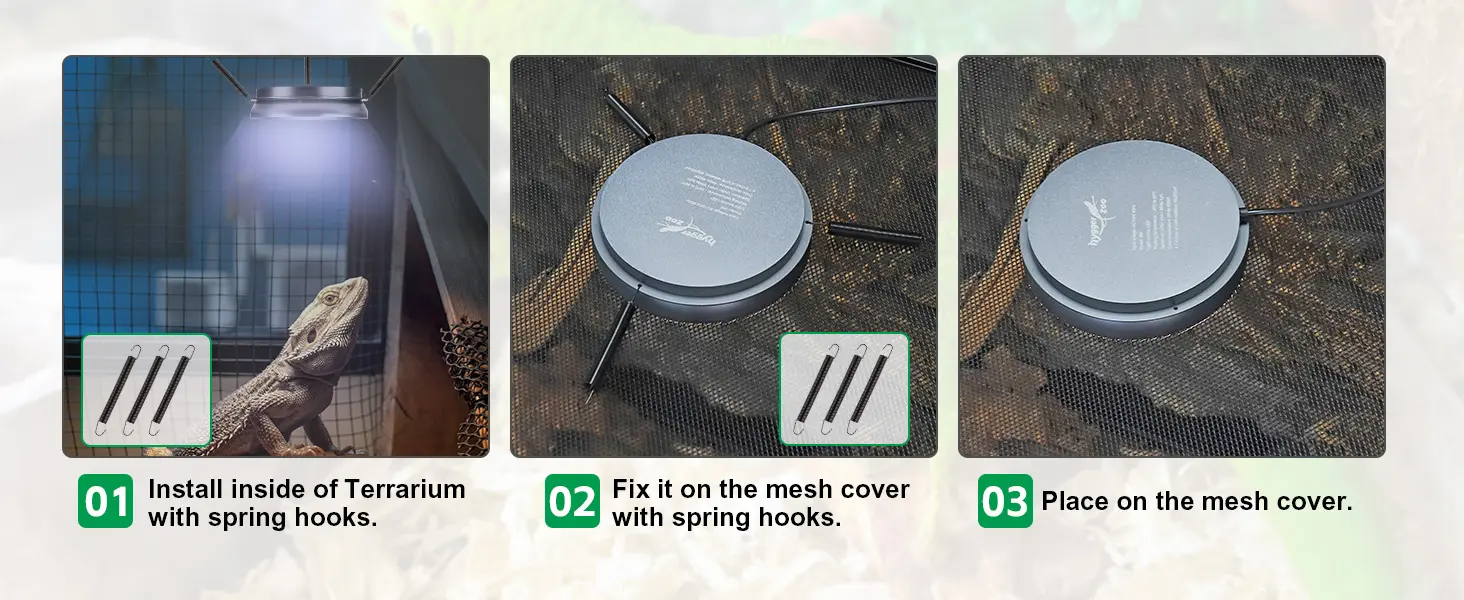 Step-by-step guide for installing hygger aquarium heater with spring hooks inside terrarium and mesh cover