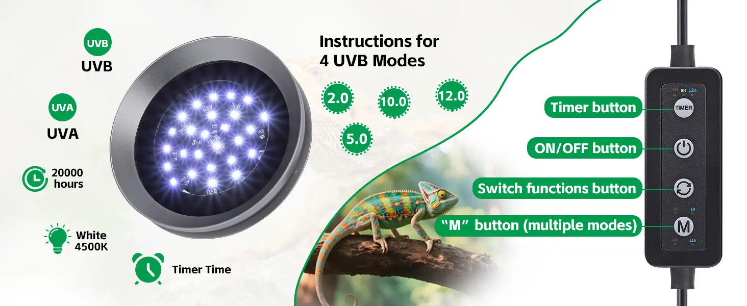 Hygger UVB reptile light fixture with 4 modes, 20000h lifespan, and timer control for chameleons and other pets