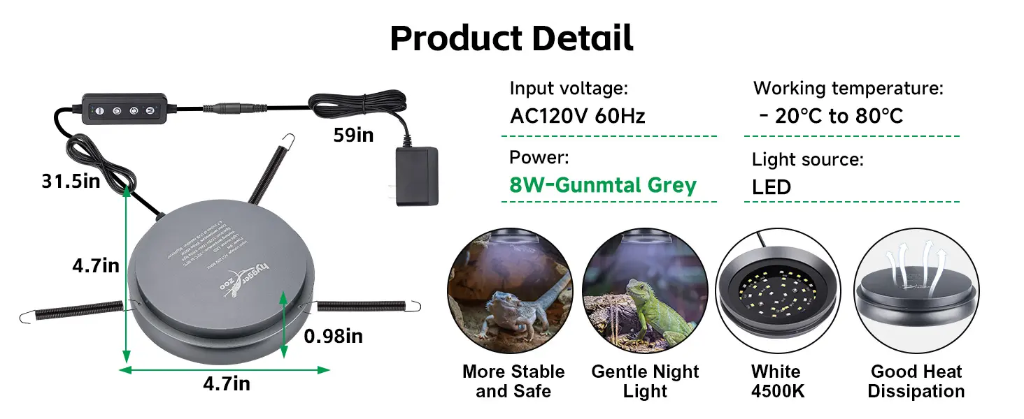 Hygger 8W LED aquarium heater with 4.7in diameter, 4.7in height, 31.5in cable length, Gunmetal Grey color, AC120V 60Hz input,