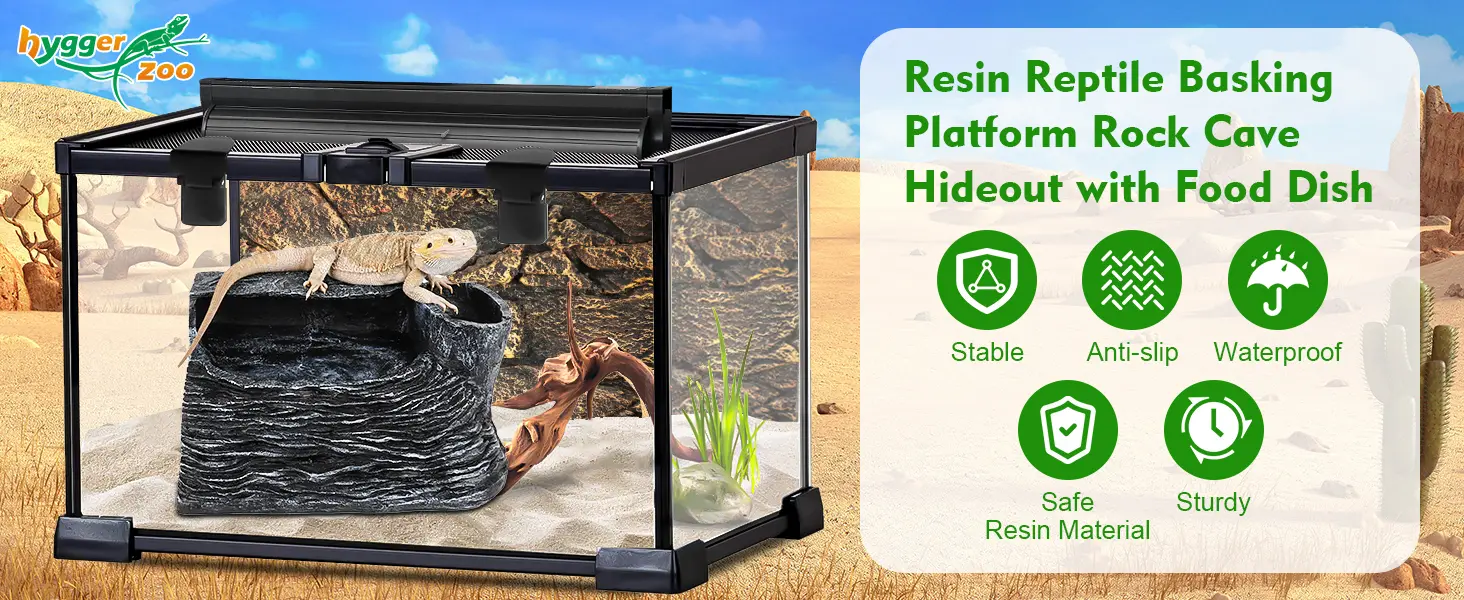 Hygger Zoo Resin Reptile Basking Platform Rock Cave Hideout with Food Dish for Bearded Dragons