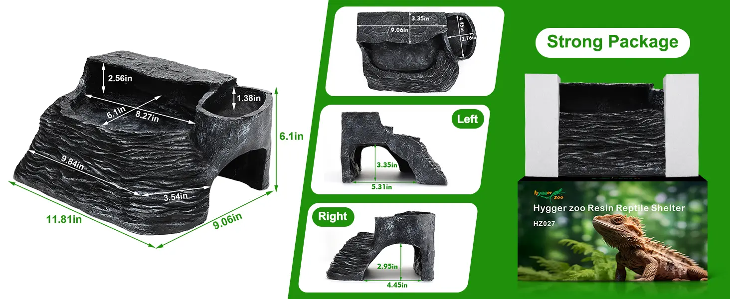 Hygger Zoo Resin Reptile Shelter HZ207, 3D printed rock cave with dimensions for bearded dragon enclosure, strong package
