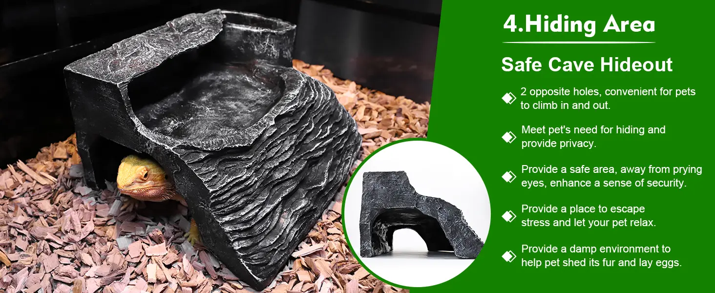 Safe Cave Hideout for Bearded Dragons with 2 holes, hiding area, and damp environment for shedding and egg-laying.