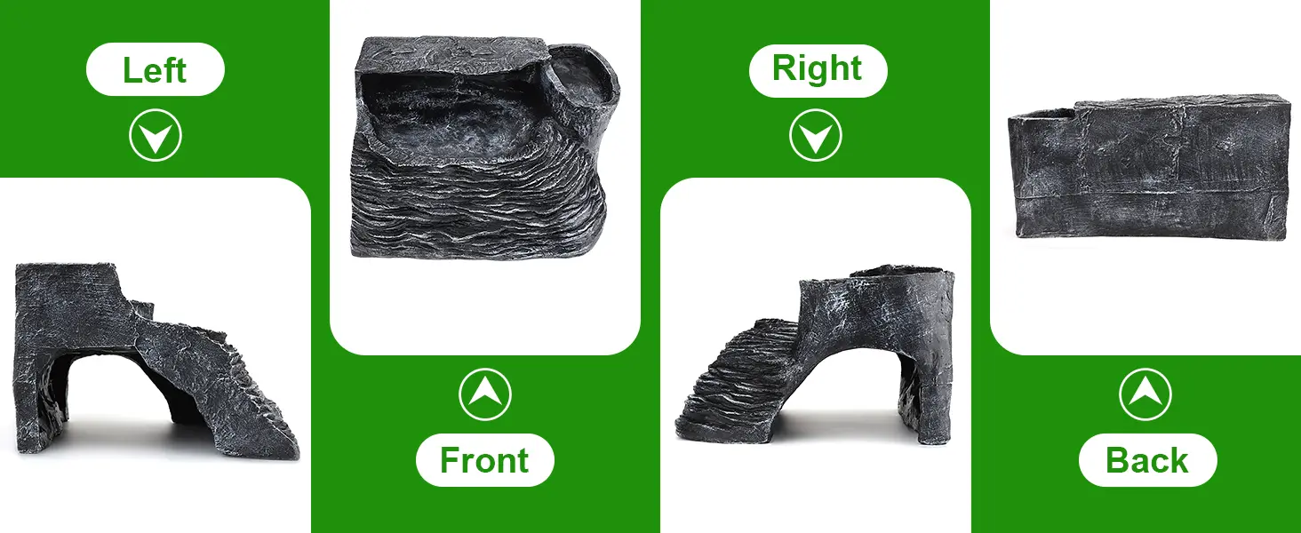 Black stone aquarium decoration with left, front, right, and back views showing textured surface and arch design for fish tan
