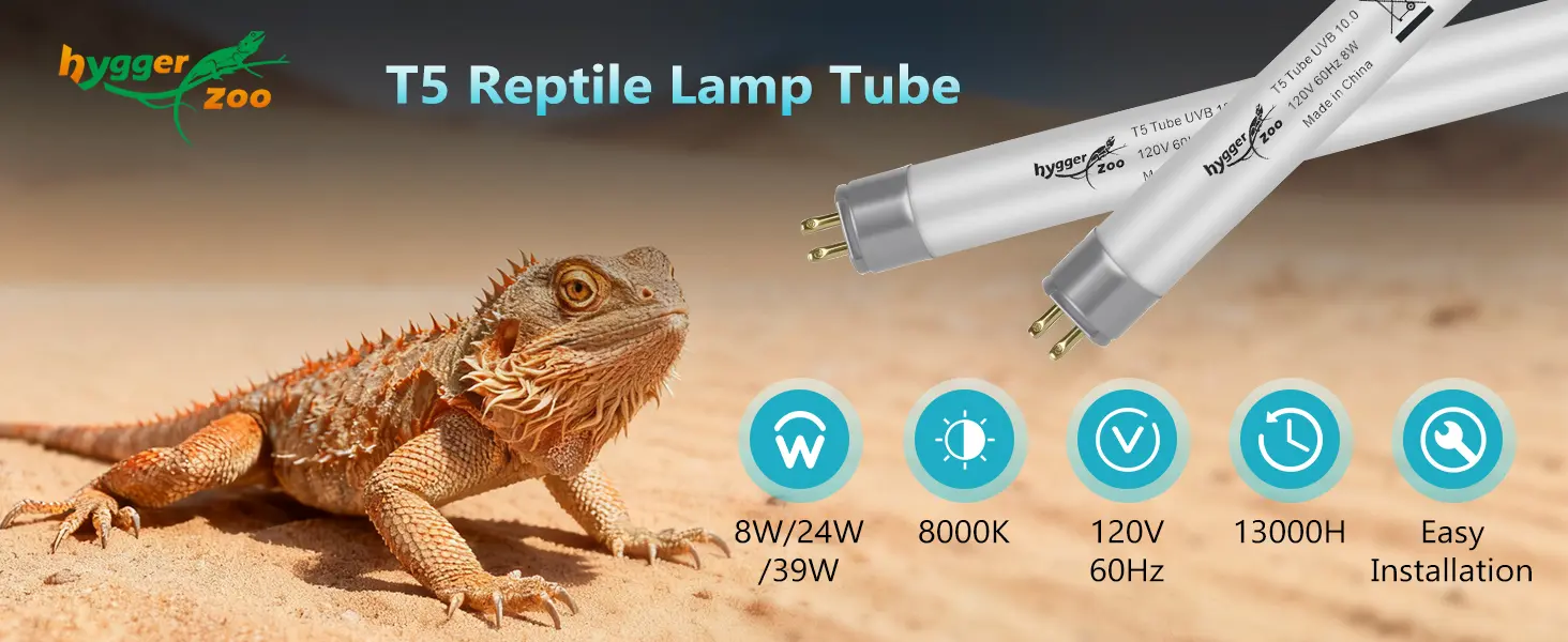 Hygger Zoo T5 Reptile Lamp Tube for bearded dragons, 8W/24W/39W, 8000K, 120V 60Hz, 13000H lifespan, easy installation