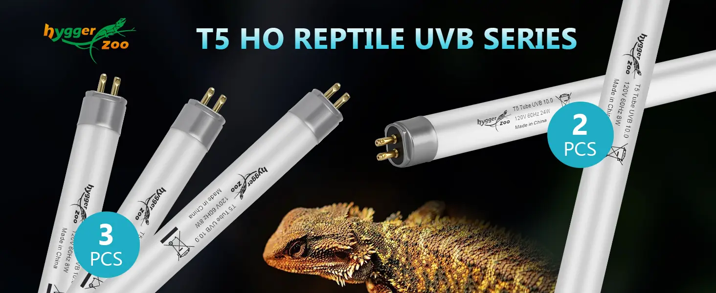Hygger Zoo T5 HO Reptile UVB Series: 3PCS and 2PCS options for bearded dragons, with 120V 60Hz 24W specifications.