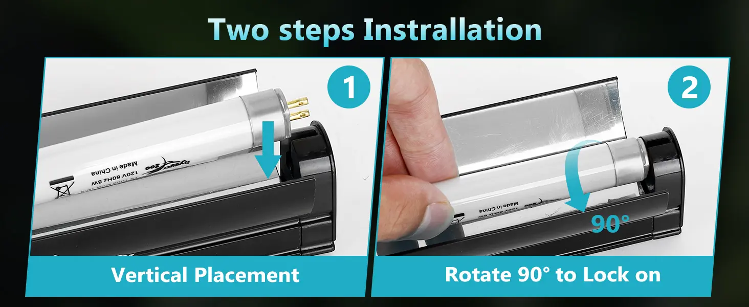 Two-step aquarium light installation guide: Step 1 vertical placement, Step 2 rotate 90° to lock on