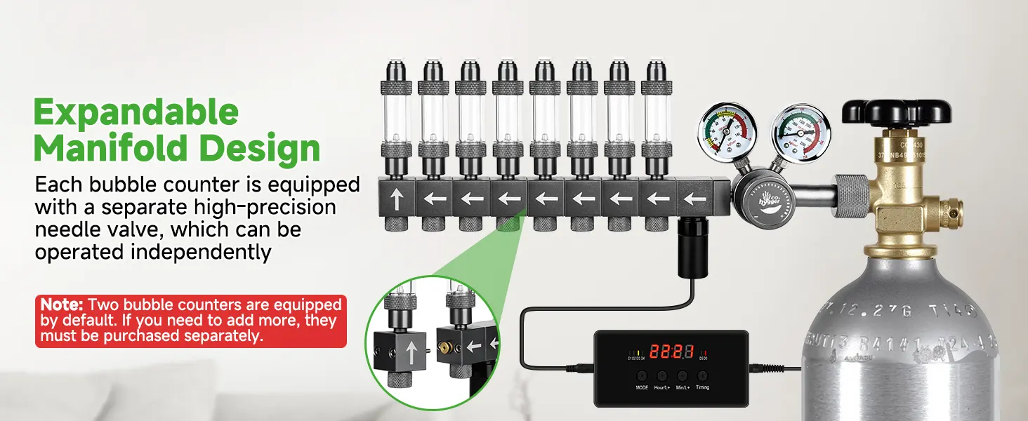 Hygger expandable manifold design with 8 bubble counters, high-precision needle valves, and digital timer for aquarium oxygen
