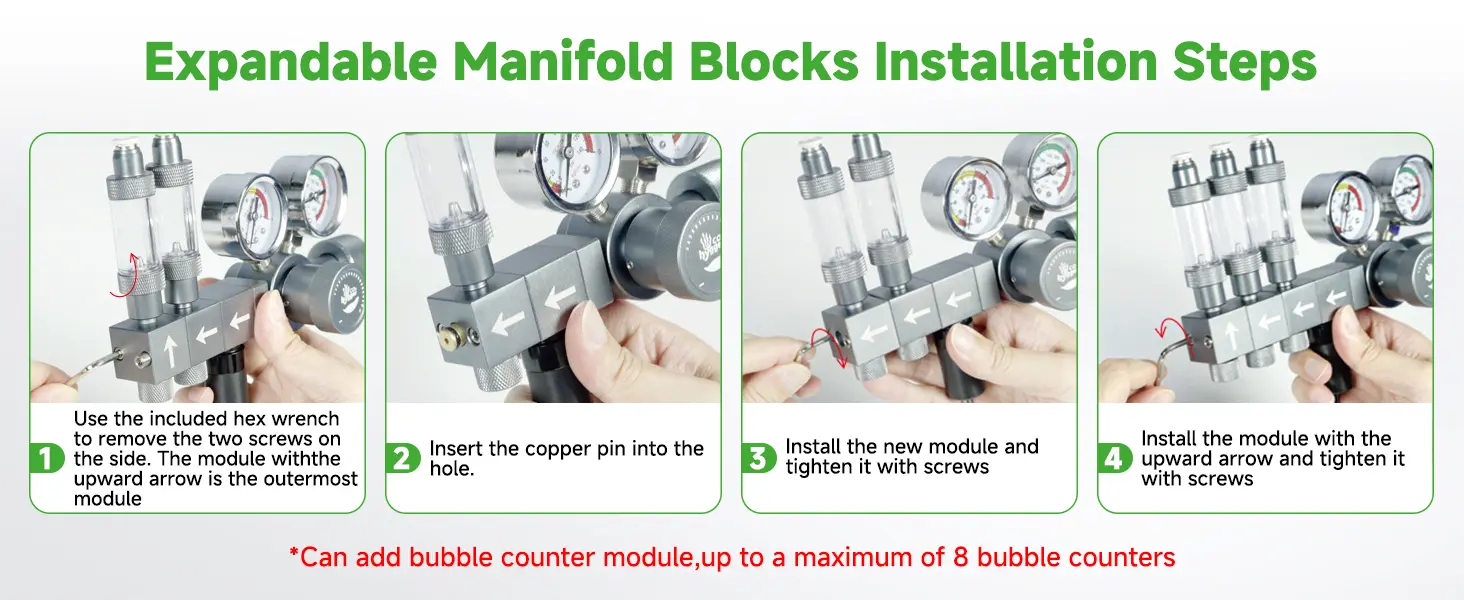 Step-by-step guide for installing expandable manifold blocks with hex wrench, copper pin, and module tightening instructions