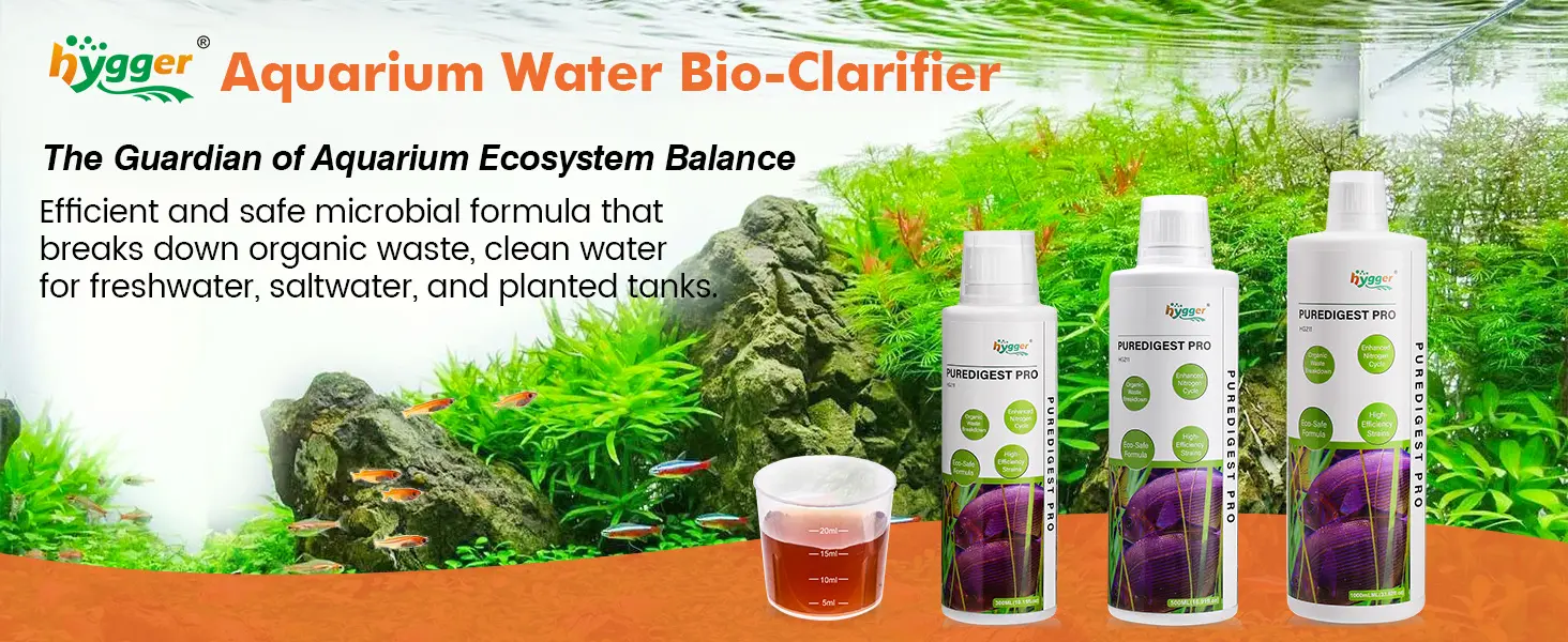 Hygger Aquarium Water Bio-Clarifier bottles with purple algae image, measuring cup, and aquarium background
