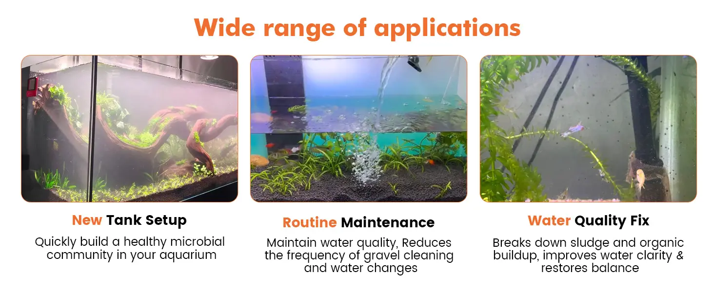 Three aquarium images showing New Tank Setup, Routine Maintenance, and Water Quality Fix with benefits for healthy microbial