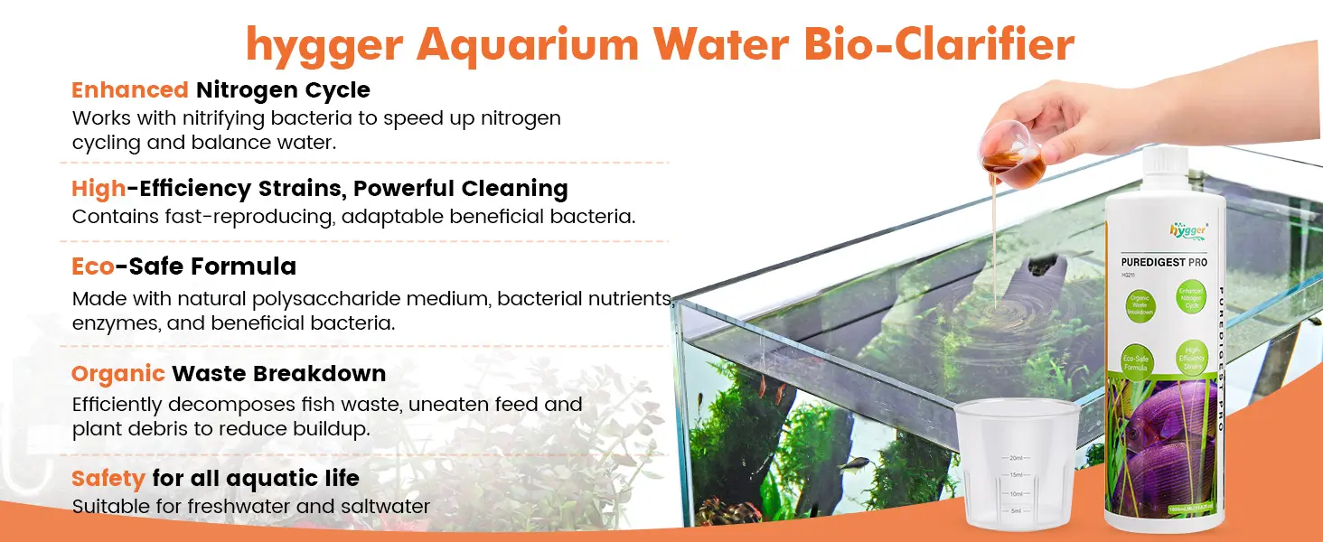 Hygger Aquarium Water Bio-Clarifier bottle with hand pouring liquid into aquarium, highlighting enhanced nitrogen cycle and e
