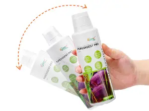 Hand holding Hygger Aquarium Purifier 70 bottle with two more bottles in background, showing product packaging and purple flo