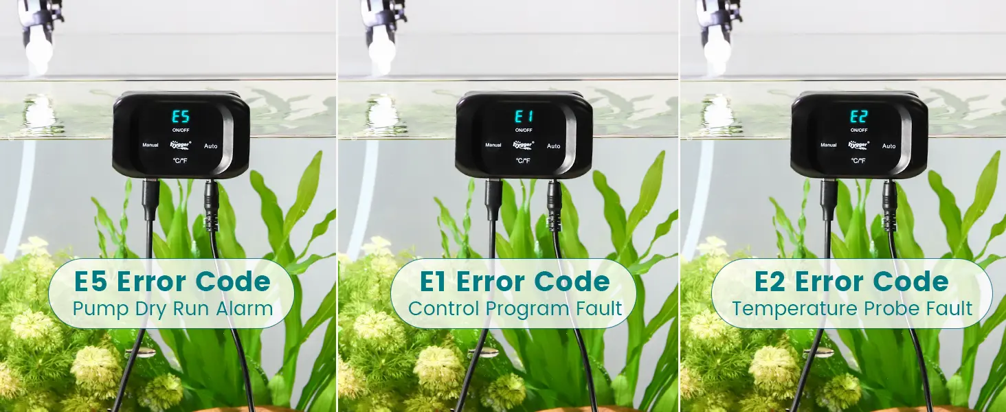 Hygger aquarium heater error codes: E5 Pump Dry Run Alarm, E1 Control Program Fault, E2 Temperature Probe Fault
