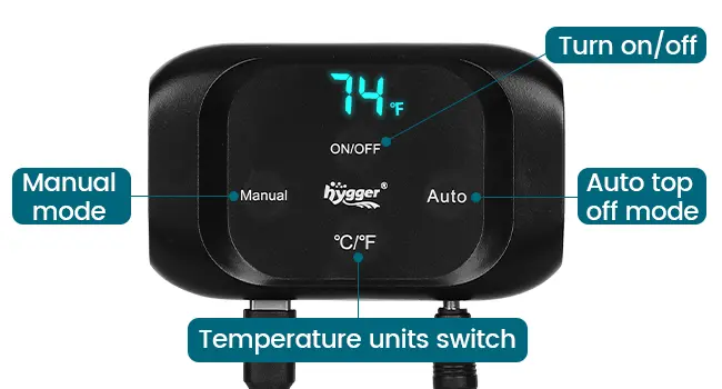 Hygger aquarium thermostat control panel showing temperature display, manual/auto modes, and unit switch for aquarium heating
