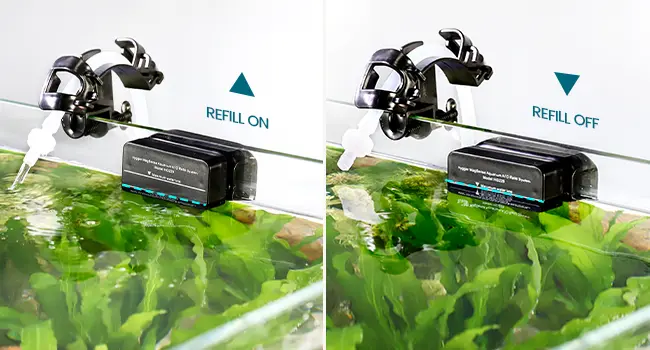 Hygger aquarium automatic refill system showing REFILL ON and REFILL OFF modes with water level control