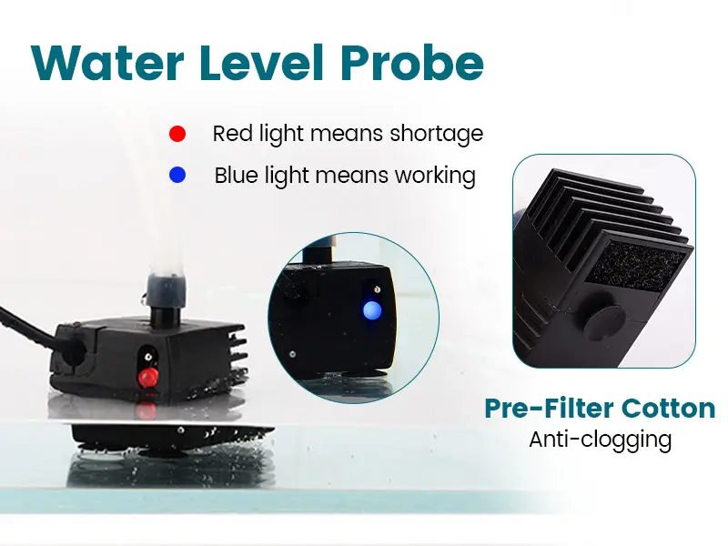 Water Level Probe with red shortage light and blue working light, featuring pre-filter cotton anti-clogging design for aquari