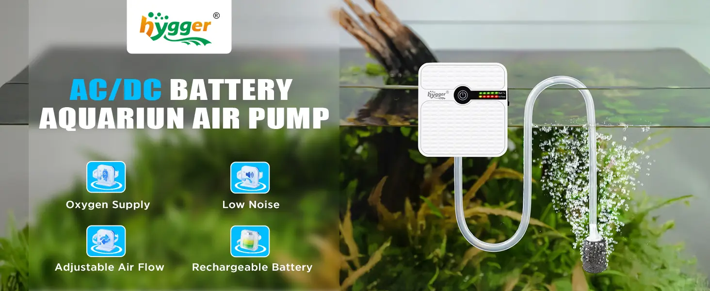 Hygger AC/DC Battery Aquarium Air Pump with oxygen supply, low noise, adjustable air flow, and rechargeable battery for fish