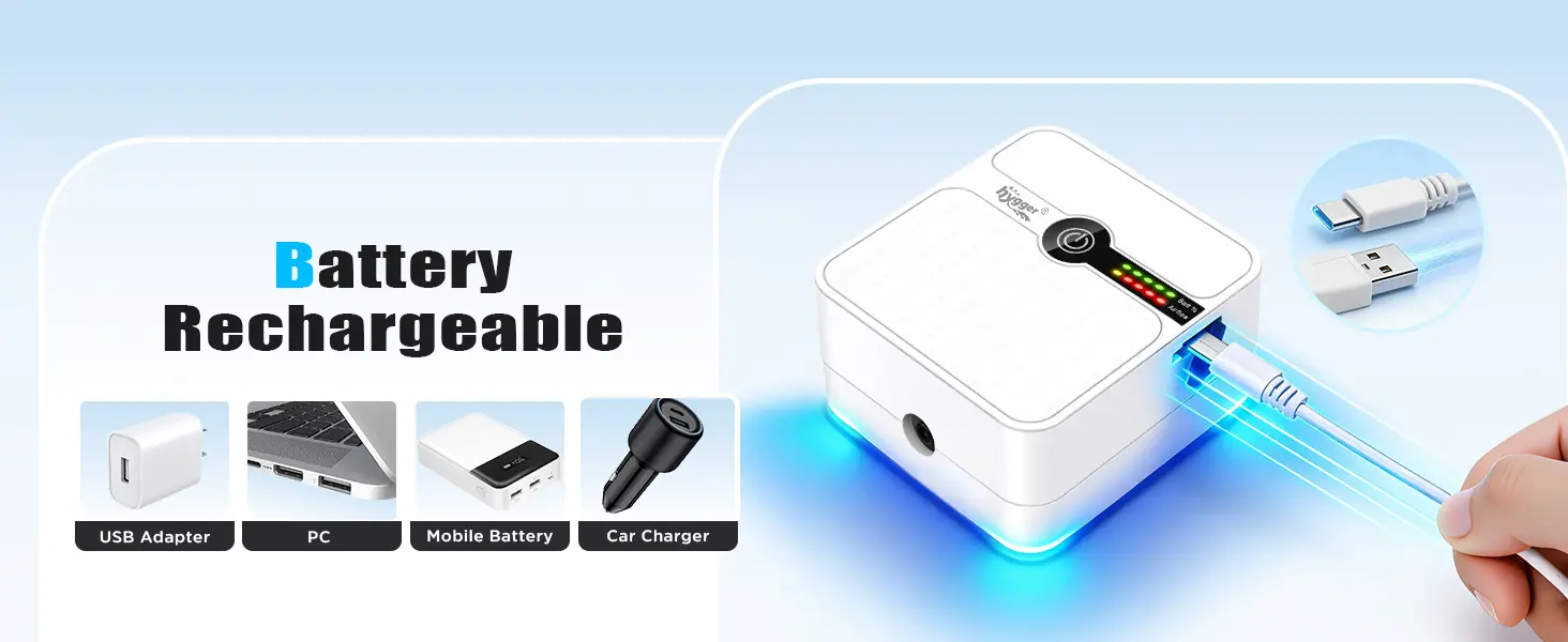 Hygger rechargeable battery hub with USB-C and USB-A ports, compatible with USB adapters, PCs, mobile batteries, and car char