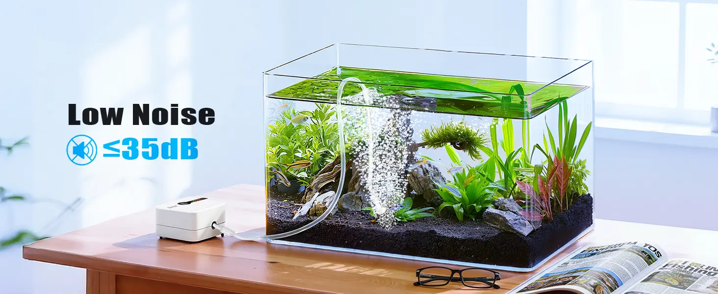 Hygger aquarium with low noise pump, lush plants, and fish in a modern home setting