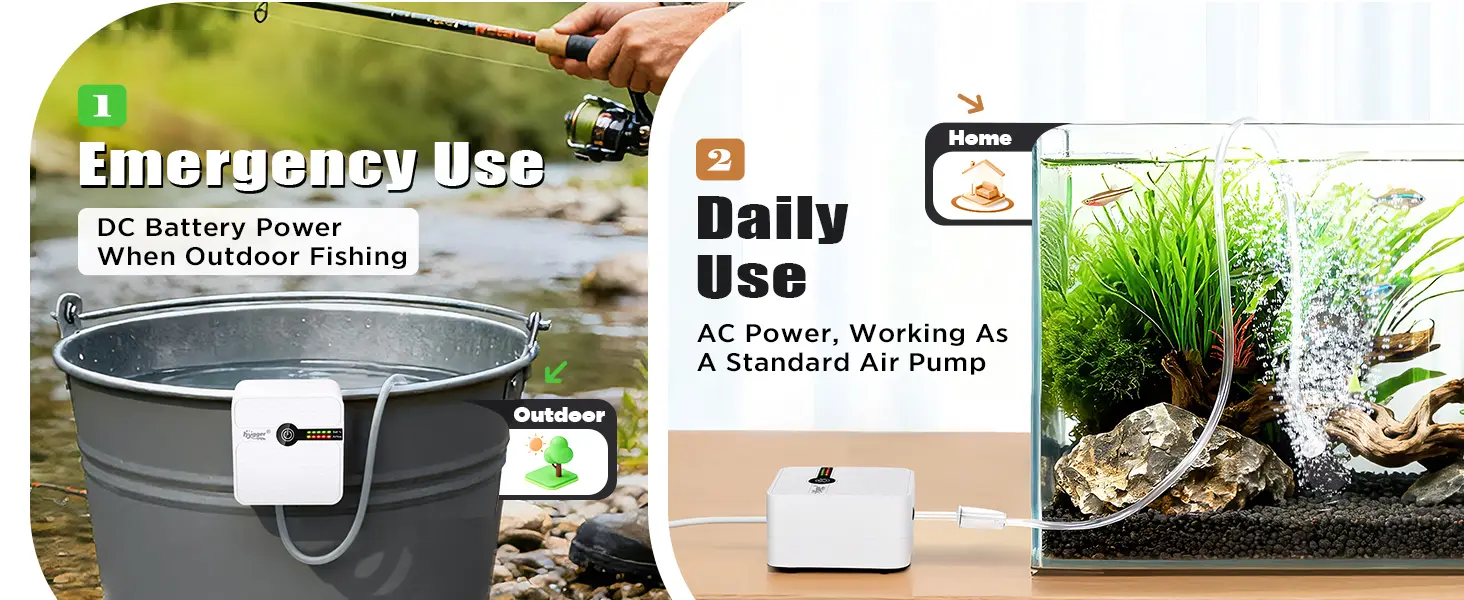 Hygger aquarium air pump for emergency outdoor fishing and daily home use with DC/AC power options