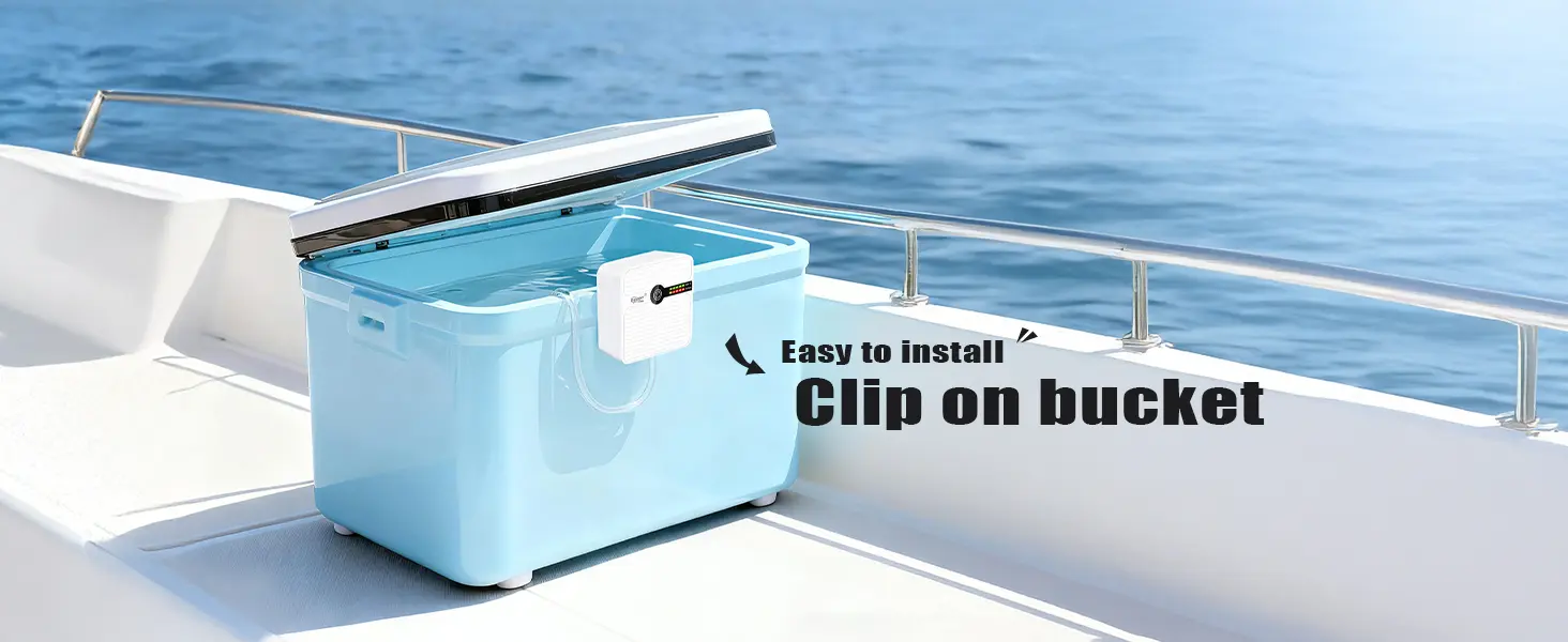 Light blue portable cooler on boat with clip-on bucket and easy installation text