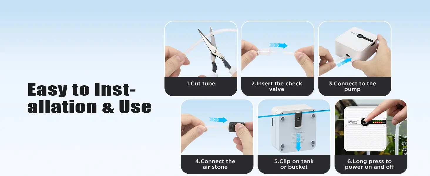 Step-by-step guide for installing Hygger aquarium equipment: cut tube, insert check valve, connect pump, air stone, clip tank