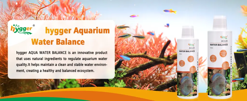 hygger Aquarium Water Balance product bottles with vibrant fish and aquatic plants in background